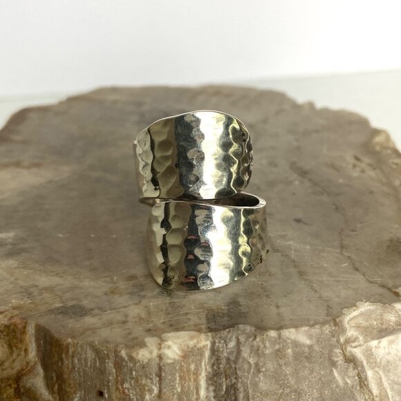 Sterling Silver 925 Modernist Hammered 1" Wide Tapered Bypass Band Ring Size 7 - Picture 2 of 16